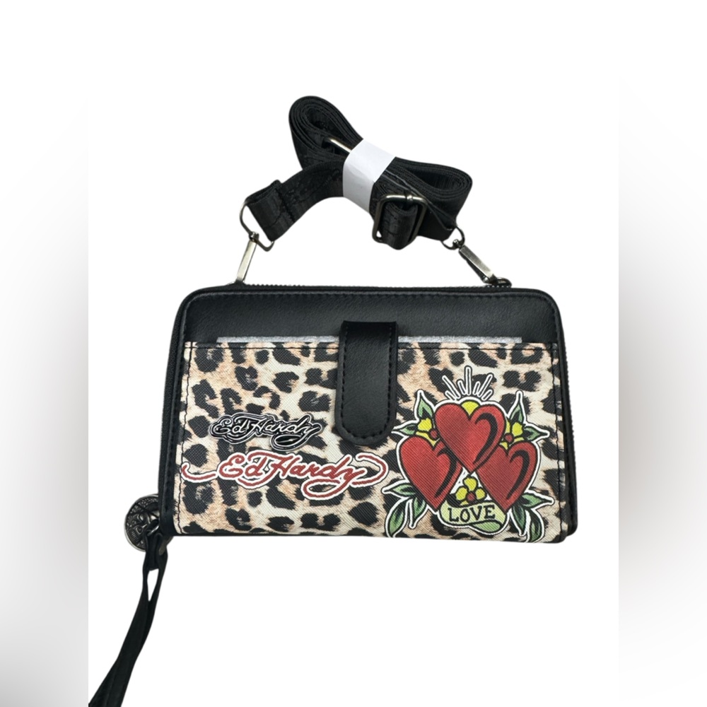Ed Hardy Black leopard crossbody with hearts